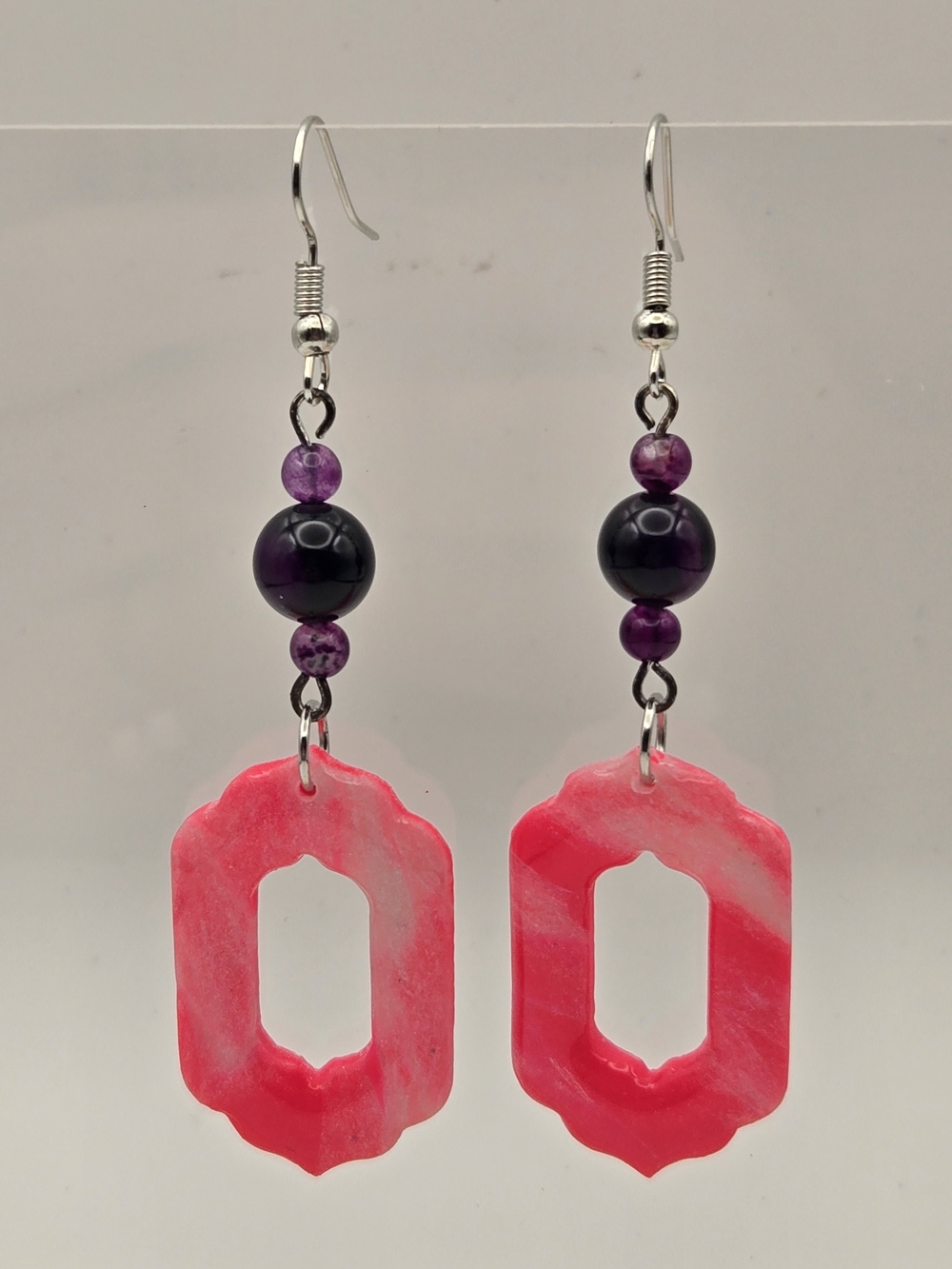 #B173- Pink and Purple Geometric Dangle Earrings - Agate Beads